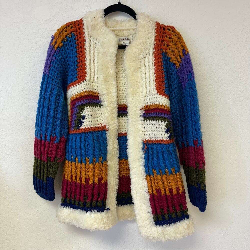 Vintage Andriano rainbow crochet knit cardigan 70s retro boho